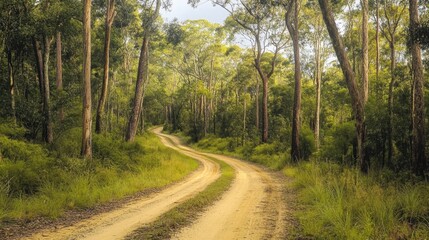 Obraz premium A sandy off-road bush track winds through the dense forest, offering a sense of adventure under the wide, open sky