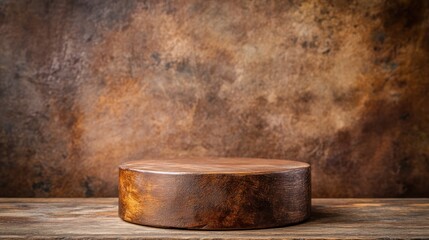 A rustic wooden display surface against a textured background, ideal for showcasing products.