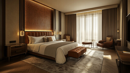 Fototapeta premium Modern hotel room interior with natural light and elegant decor in a luxury setting