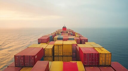 Aerial view of a cargo ship carrying colorful shipping containers on the ocean.