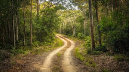 Fototapeta premium A sandy off-road bush track winds through the dense forest, offering a sense of adventure under the wide, open sky