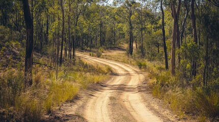 Fototapeta premium A sandy off-road track winds through the dense outback forest, framed by tall trees and rugged wilderness under a bright sky