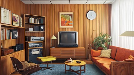 Retro living room with wooden paneling, vintage furniture, and a classic TV.