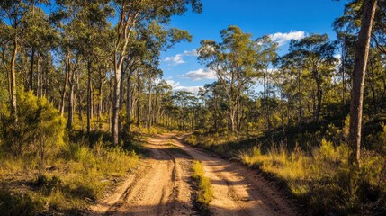 Obraz premium A sandy off-road trail winds through the forest, surrounded by tall trees and rugged outback wilderness under a bright blue sky