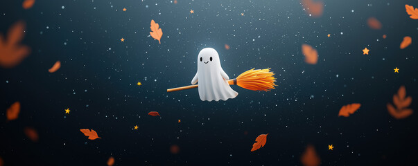 Charming ghost character flying on a broom surrounded by colorful leaves, perfect for Halloween-themed projects and artwork.