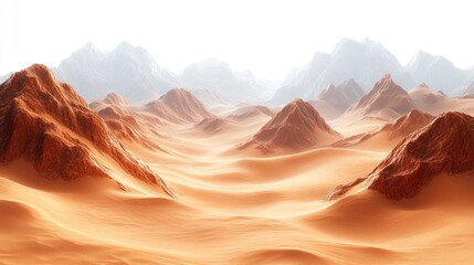 Naklejka premium A serene desert landscape with mountains and rolling sand dunes.