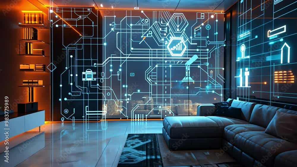 Leinwandbilder this living room features a comfortable couch, illuminated by orange lighting, alongside a digital p