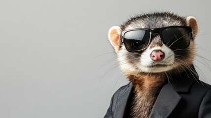 Adorable ferret wearing a suit and sunglasses, looking cool against a plain background. Perfect for humorous, quirky, and unique content.