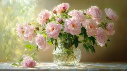 A delicate arrangement of pink peonies and lilac eustoma roses in a glass vase. Soft summer lighting with vibrant green leaves