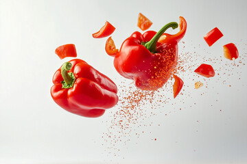 red pepper is being thrown into the air, with pepper flakes and other spices flying around it. Concept of chaos and excitement, as if the pepper is being tossed around in a wild