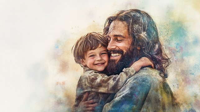Jesus Christ with a kid in his arms, smiling. Digital watercolor painting transparent background