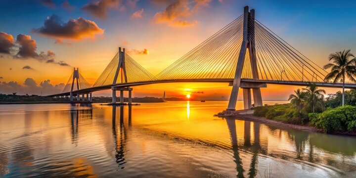 Sunset over cable-stayed bridge Jorge Amado in Ilheus, Bahia, Brazil, sunset, cable-stayed bridge, Jorge Amado