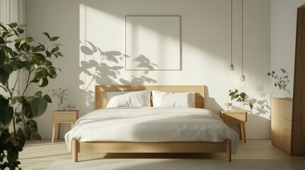 A serene bedroom with natural light, wooden furniture, and plants, creating a calming atmosphere.
