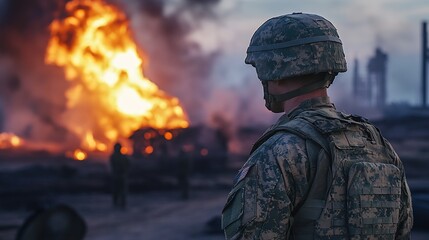 A soldier gazing intently at burning oil, capturing the intensity of the moment and the emotions of conflict, reflecting themes of war, sacrifice, and resilience, set against a dramatic backdrop 