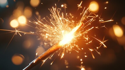 A close-up of a sparkler emitting bright sparks against a blurred background.