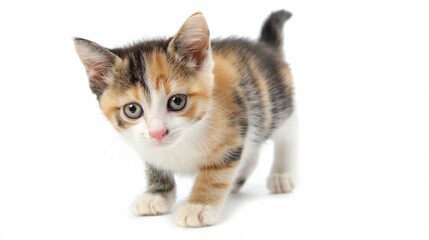 Obraz premium isolated on white background, a tri-color kitten looks at the camera