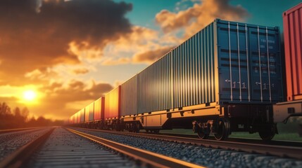 Fototapeta premium A freight train loaded with colorful containers travels along tracks at sunset.