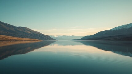 Obraz premium Serene lake reflecting mountains under a clear sky, evoking tranquility and natural beauty.