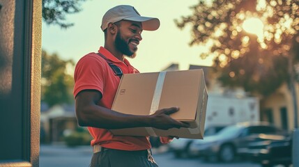 A delivery person smiling while carrying a package outdoors during sunset.