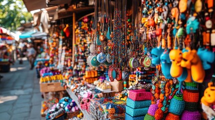 A vibrant market stall filled with colorful handmade crafts and accessories.