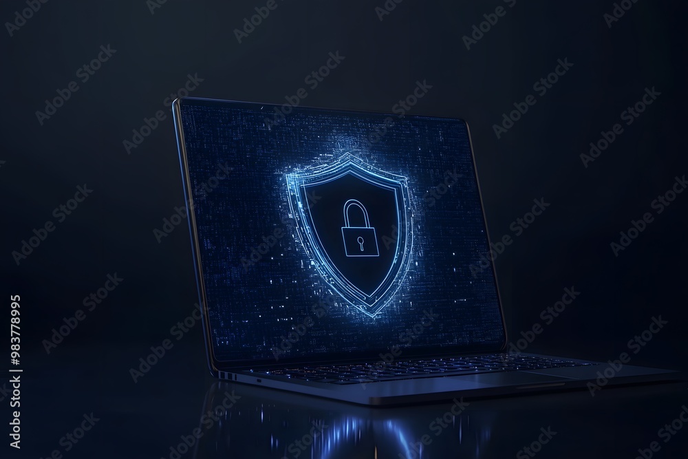 Poster laptop with a digital shield and lock on the screen, signifying data protection in a cybersecurity c