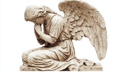 Naklejka premium Sepia-toned statue of an angel kneeling with wings spread out behind it transparent background