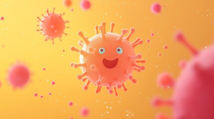 A playful illustration of cartoonish viruses with happy expressions against a colorful background.