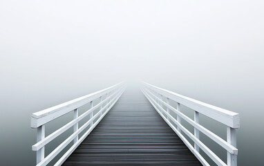 A serene wooden pier disappears into a tranquil fog, evoking a sense of mystery and calm in nature's embrace.