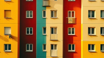 Fototapeta premium Colorful apartment building facade with various window styles and balconies.