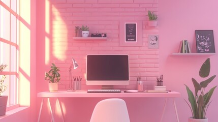 A cozy pink-themed workspace with a computer, plants, and decorative shelves.