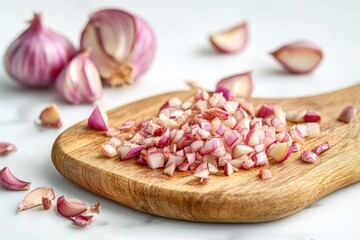 Chopped Shallot and shallots on the side on white background , Generative AI