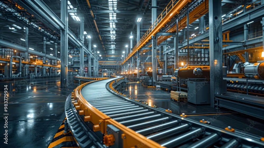 Wall mural conveyor belts and industrial heavy machinery in a large factory, showing a complex network of movin