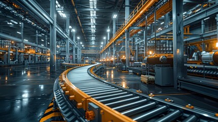 Fototapeta premium Conveyor belts and industrial heavy machinery in a large factory, showing a complex network of moving parts and processes