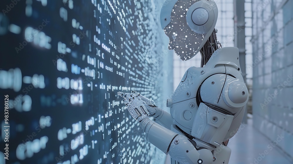 Poster robot stands in front of a wall of code, representing the future of technology and artificial intell