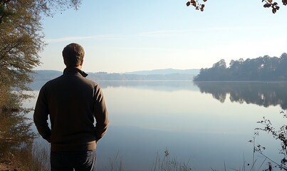 Man Contemplating the Tranquility of a Lake