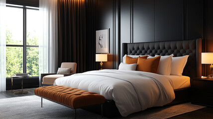 Fototapeta premium Modern bedroom interior featuring a large bed with orange accents and ample natural light