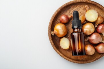 shallots extract in a dropper bottle with shallots on the side on a wooden tray , on white background , Generative AI