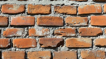 Obraz premium Close-up view of a brick wall with red bricks and grey mortar.