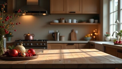 Empty table in the kitchen for presentation. Christmas decor.