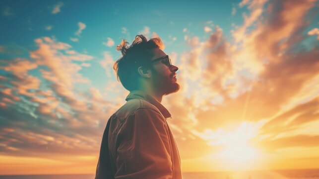 Contemplative Man Watching Sunset Over the Ocean with Stunning Cloudscape, Wearing Sunglasses in Serene Setting