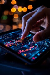 Fototapeta premium A close-up of a person using a tablet or phone, with data charts and graphs glowing on the screen