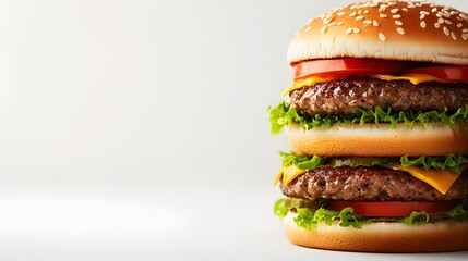 A classic, stacked burger featuring lettuce, tomato, cheddar cheese, and sesame seed buns, perfect for a delicious meal.