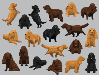 Dog Cocker Spaniel Various Colors Poses Cartoon Vector Character