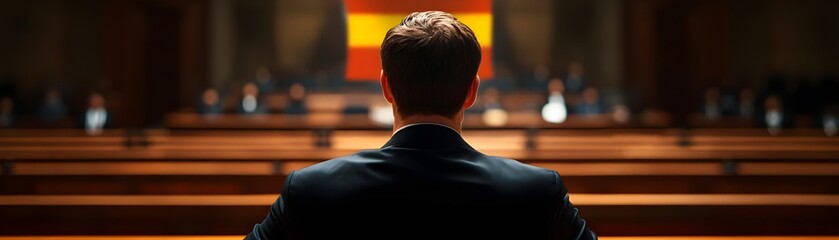 A person seated in a formal setting, facing a flag, suggests a political or governmental context, with focus on authority and decision-making.