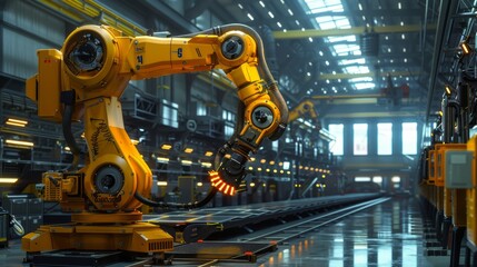 Fototapeta premium High-tech factory environment with automated systems and integrated renewable energy sources, featuring solar panels and advanced robotics