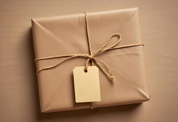 A brown paper package tied with string and blank tag, perfect for gift giving or shipping. simple design evokes sense of warmth and nostalgia