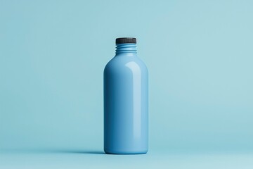 Obraz premium Blue Plastic Bottle with Black Lid on a Light Blue Background