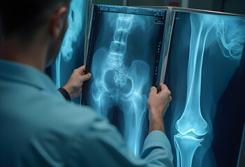 A medical professional examines X ray images of patients knee and hip, showcasing importance of orthopedic assessments in diagnosing joint issues