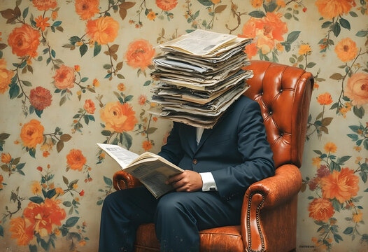 A person sitting on chair with stack of newspapers covering their head, creating surreal and thought provoking scene. vintage floral wallpaper adds unique contrast to modern attire