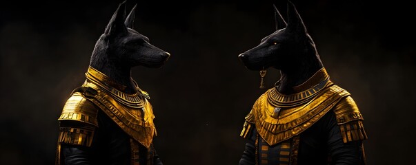 Two majestic, golden-adorned figures resembling Anubis, embodying ancient Egyptian mythology against a dark backdrop.